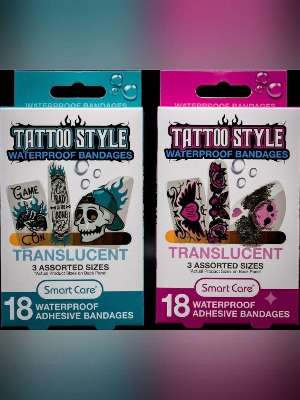 2pk: Tattoo Waterproof Translucent Bandages Rose Butterfly Skull BandAids NIP
